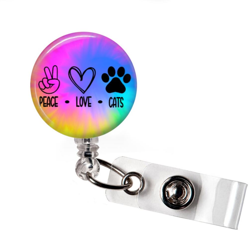 Cat Mom Badge Reel Peace Love Cats Paw Print Retractable ID Holder Cat Lover